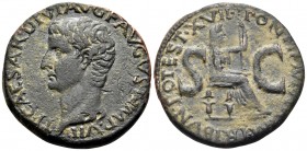 Tiberius, 13-37. As (Copper, 26 mm, 10.30 g, 12 h), Rome, 15-16. TI CAESAR DIVI AVG F AVGVST IMP VII Bare head of Tiberius to left. Rev. PONTIF MAXIM ...