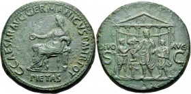 Gaius (Caligula), 37-41. Sestertius (Orichalcum, 34 mm, 28.93 g, 7 h), Rome, 37-38. C CAESAR AVG GERMANICVS P M TR POT / PIETAS Pietas seated left on ...