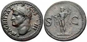 Agrippa, died AD 12. As (Copper, 29 mm, 11.12 g, 6 h), struck under Caligula, Rome, 37-41. M AGRIPPA L F COS III Head of Agrippa to left, wearing rost...