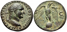 Vespasian, 69-79. As (Copper, 27 mm, 9.20 g, 6 h), Lugdunum (Lyon), 77/8. IMP CAES VESPASIAN AVG COS VIII P P Laureate head of Vespasian to right, glo...