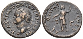 Titus, as Caesar, 69-79. As (Copper, 28 mm, 12.19 g, 6 h), Rome, 72. T CAES IMP PON TR P COS II CENS Laureate head of Titus to left. Rev. AEQVITAS AVG...