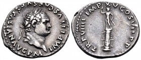 Titus, AD 79-81. Denarius (Silver, 19 mm, 3.34 g, 6 h), 79, after 1 July. IMP TITVS CAES VESPASIAN AVG P M Laureate head of Titus to right, with sligh...