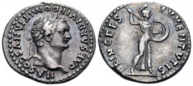 Domitian, as Caesar, 69-81. Denarius (Silver, 18 mm, 3.34 g, 6 h), Rome, under Titus, 80-81. CAESAR DIVI F DOMITIANVS COS VII Laureate head of Domitia...