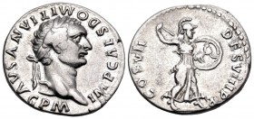 Domitian, 81-96. Denarius (Silver, 17.5 mm, 3.50 g, 6 h), Rome. IMP CAES DOMITIANVS AVG P M Laureate head of Domitian to right. Rev. COS VII DES VIII ...