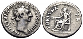 Nerva, 96-98. Denarius (Silver, 18 mm, 3.32 g, 7 h), Rome, 97. IMP NERVA CAES AVG P M TR P COS III P P Laureate head of Nerva to right. Rev. FORTVNA P...