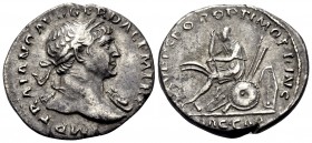 Trajan, 98-117. Denarius (Silver, 19 mm, 2.67 g, 7 h), Rome, c. 107-111. IMP TRAIANO AVG GER DAC P M TR P Laureate bust of Trajan to right, aegis on f...