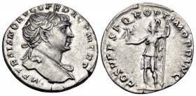 Trajan, 98-117. Denarius (Silver, 18 mm, 3.48 g, 7 h), Rome, circa 110. IMP TRAIANO AVG GER DAC P M TR P Laureate bust of Trajan to right, slight drap...