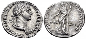 Trajan, 98-117. Denarius (Silver, 18 mm, 3.38 g, 6 h), Rome, 116-117. IMP CAES NER TRAIAN OPTIM AVG GERM DAC Laureate, draped and cuirassed bust of Tr...