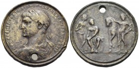 Trajan, 98-117. Contorniate medallion (Orichalcum, 37.5 mm, 28.36 g, 6 h). IMP CAES NARVAE TRAIANO AVG GER DAC P M TR P COS III Laureate, draped and c...