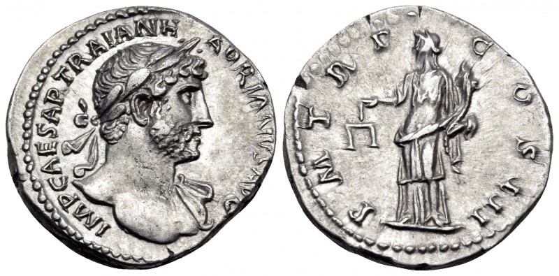 Hadrian, 117-138. Denarius (Silver, 18 mm, 3.32 g, 6 h), Rome, April-August 121....