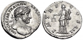 Hadrian, 117-138. Denarius (Silver, 18 mm, 3.32 g, 6 h), Rome, April-August 121. MP CAESAR TRAIAN HADRIANVS AVG Laureate bust of Hadrian to right with...