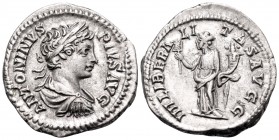 Caracalla, AD 198-217. Denarius (Silver, 19 mm, 3.51 g, 12 h), Rome, 201-206. ANTONINVS PIVS AVG Laureate and draped bust of Caracalla to right. Rev. ...