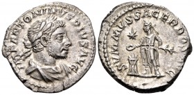 Elagabalus, 218-222. Denarius (Silver, 19.5 mm, 3.27 g, 1 h), Rome. IMP ANTONINVS PIVS AVG Laureate and draped bust of Elagabalus to right. Rev. SVMMV...