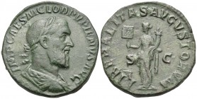 Pupienus, 238. Sestertius (Orichalcum, 29 mm, 15.26 g, 12 h), Rome. IMP CAES M CLOD PVPIENVS AVG Laureate, draped, and cuirassed bust of Pupienus to r...