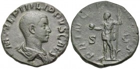 Philip II, as Caesar, 244-247. Sestertius (Bronze, 27 mm, 14.10 g, 12 h), Rome, 246. M IVL PHILIPPVS CAES Bare-headed and draped bust of Philip II to ...
