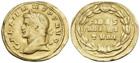 Gallienus, 253-268. Aureus (Gold, 22 mm, 5.35 g, 12 h), Rome, 262. GALLIENVS AVG Laureate head of Gallienus to left. Rev. FIDES / MILI / TVM in three ...