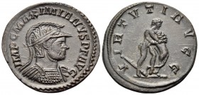 Maximianus, 286-305. Antoninianus (Billon, 22.5 mm, 3.70 g, 7 h), Lugdunum, 287-289. IMP C MAXIMIANVS P F AVG Radiate, helmeted and cuirassed bust of ...