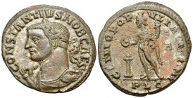 Constantius I, As Caesar, AD 293-305. Follis (Bronze, 28 mm, 4.27 g, 12 h), Lugdunum, 1st officina, c. 301-303. CONSTANTIVS NOB CAES Laureate and cuir...