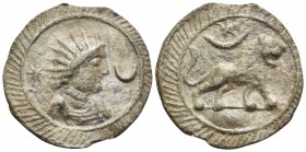 2nd-4th centuries. Tessera (Lead, 22 mm, 3.52 g, 12 h). Radiate and draped bust of Sol to right, between star and crescent. Rev. Lion walking right; a...
