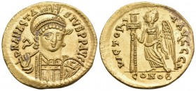 Anastasius I, 491-518. Solidus (Gold, 19.5 mm, 4.48 g, 6 h), Constantinople, 4th officina (Δ), 491-498. D N ANASTA-SIVS P P AVG Helmeted and cuirassed...