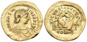 Anastasius I, 491-518. Semissis (Gold, 18 mm, 2.09 g, 6 h), Constantinople, 507-518. DN ANASTA-SIVS PP AVC Diademed, draped and cuirassed bust of Anas...