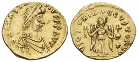 Anastasius I, 491-518. Tremissis (Gold, 13.5 mm, 1.49 g, 6 h), Constantinople, 492-518. D N ANASTA-SIVS P P AVI Diademed, draped and cuirassed bust of...