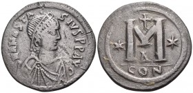 Anastasius I, 491-518. Follis (Bronze, 35.5 mm, 18.04 g, 5 h), Constantinople, 4th officina (Δ), 498-518. D N ANASTA-SIVS P P AVG Pearl-diademed, drap...