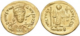 Justinian I, 527-565. Solidus (Gold, 21 mm, 4.06 g, 6 h), Constantinople, 1st officina (A), 527-538. DN IVSTINI-ANVS PP AVI Helmeted, diademed and cui...