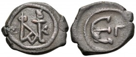 Justin II, 565-578. Pentanummium (Bronze, 25.5 mm, 2.02 g, 1 h), Constantinople. Monogram of Justin II. Rev. Large Є; to right, Γ. DOC 60c. MIBE 45. S...
