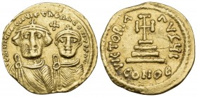 Heraclius, with Heraclius Constantine, 610-641. Solidus (Gold, 20 mm, 4.22 g, 7 h), Constantinople, 10th officina (I), 629-631. dd NN hERACLIЧI ET hER...
