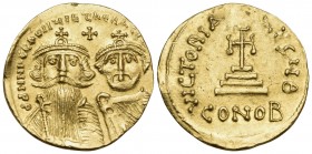 Heraclius, with Heraclius Constantine, 610-641. Solidus (Gold, 20 mm, 4.38 g, 7 h), Constantinople, 9th officina (Θ), 629-631. dd NN hERACLIUS ET hERA...