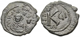 Heraclius, with Heraclius Constantine, 610-641. Half Follis (Bronze, 24 mm, 6.64 g, 7 h), Seleucia Isauriae, 1st officina (A), year 7 = 616-617. Debas...
