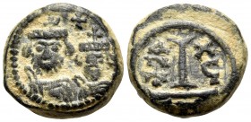 Heraclius, with Heraclius Constantine, 610-641. Decanummium (Bronze, 14 mm, 5.18 g, 6 h), Catania, year 16 = 625-626. Crowned, draped and cuirassed bu...