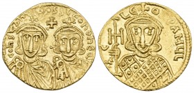 Constantine V Copronymus, with Leo IV and Leo III, 741-775. Solidus (Gold, 20 mm, 4.43 g, 6 h), Constantinople, 756-764. COҺSτAҺτIҺOS S LЄOҺ O ҺЄOS Cr...