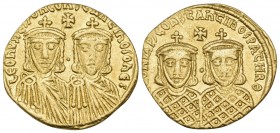 Leo IV the Khazar, with Constantine VI, 775-780. Solidus (Gold, 20 mm, 4.39 g, 6 h), Constantinople, 776-778. LЄOҺVS S ЄΓΓOҺ COҺSτAҺτInOS O ҺЄS Crowne...