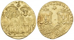 Constantine VI, with Leo III, Constantine V, and Leo IV, 780-797. Solidus (Gold, 22 mm, 4.42 g, 5 h), Constantinople, 780-787. LЄOҺ VS SЄqqOҺ COҺSτAҺτ...