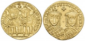 Constantine VI, with Leo III, Constantine V, and Leo IV, 780-797. Solidus (Gold, 22 mm, 4.44 g, 6 h), Constantinople, 780-787. LЄOҺ VS S ЄΓΓOҺ COҺSτAҺ...