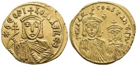 Theophilus, with Constantine and Michael II, 829-842. Solidus (Gold, 20.5 mm, 4.40 g, 6 h), Constantinople, 831-842. ✷ΘEOFI-LOS bASIL E' Θ Crowned fac...