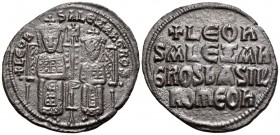 Leo VI the Wise, with Alexander, 886-912. Follis (Bronze, 26 mm, 4.53 g, 6 h), Constantinople. + LEOҺ S ALEΞAҺDROS Crowned figures of Leo VI and Alexa...