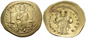 Constantine X Ducas, 1059-1067. Histamenon (Gold, 25 mm, 4.39 g, 6 h), Constantinople. +IhS IXS REX REGNANThIm Christ, nimbate, seated facing on squar...