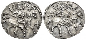 John V Palaeologus, with John VI, 1341-1391. Basilikon (Silver, 18 mm, 1.07 g, 12 h), Constantinople. IWE/XW O/Π/Α Ε-Φ John V, nimbate on horseback ri...