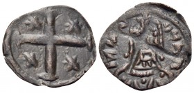 John VIII Palaeologus, 1425-1448. Follaro (Bronze, 14.5 mm, 0.48 g, 5 h), Constantinople. IωΑ - ΔΕC Bust of emperor facing, bearded, wearing stemma an...