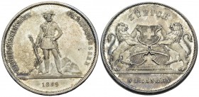 SWITZERLAND. Zürich. 1859. Taler (Silver, 37 mm, 25.04 g, 12 h), Shooting taler series. Rifleman. Rev. Arms of Zürich and Switzerland. HMZ 2-1343c. KM...