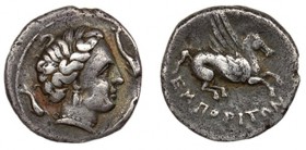 EMPORION. Dracma (241-218 a.C.). A/ Cabeza de Perséfone a der. con collar y rodeada por tres delfines. R/ Pegaso a der., debajo ley. griega curva: EMP...