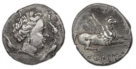 EMPORION. Dracma (241-218 a.C.). A/ Cabeza de Perséfone a der., rodeada por tres delfines. R/ Pegaso con la cabeza transformada a der., debajo ley. gr...