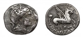 EMPORION. Dracma (241-218 a.C.). A/ Cabeza de Aretusa a der., delante dos delfines, detrás, creciente. R/ Pegaso a der., debajo estrella; ley. curva: ...