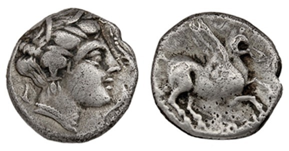 EMPORION. Dracma (241-248 a.C.). A/ Cabeza de Aretusa a der., alrededor tres del...
