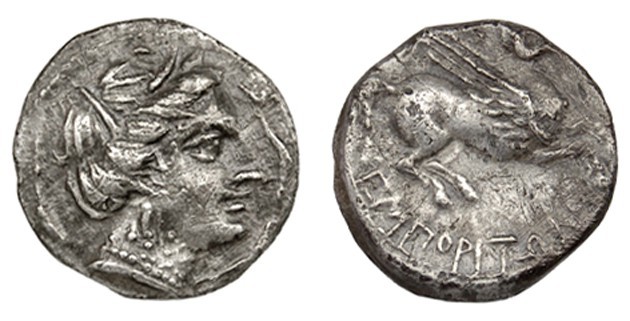 EMPORION. Dracma (218-206 a.C.). A/ Cabeza femenina a der., alrededor tres delfi...