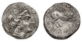 EMPORION. Dracma (218-206 a.C.). A/ Cabeza femenina a der., alrededor tres delfines. R/ Pegaso a der., con la cabeza modificada, debajo ley. griega cu...