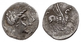 EMPORION. Dracma (218-206 a.C.). A/ Cabeza femenina a der., rodeada por tres delfines. R/ Pegaso a der. con la cabeza modificada, debajo delfín y ley....
